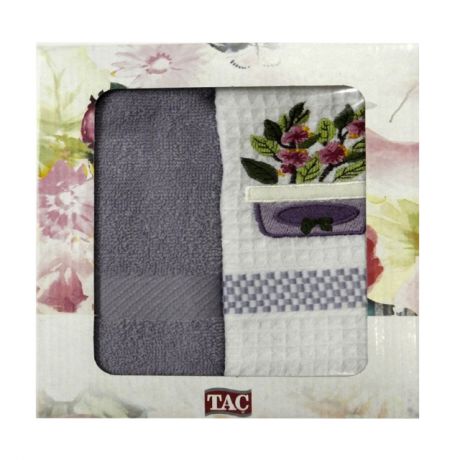 комплект полотенец кухонных TAC ваф./махр. с вышивкой Цветы 40х60см 2шт белый/лиловый