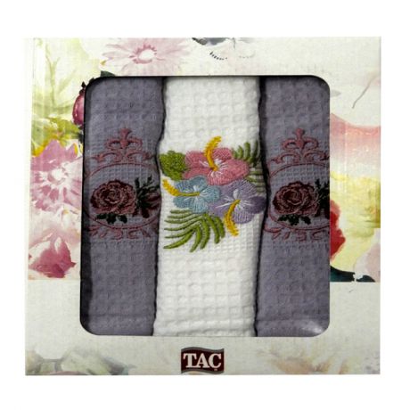 комплект полотенец кухонных TAC ваф. с вышивкой Цветы 40х60см 3шт белый/лиловый