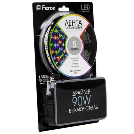 лента светодиодная LED FERON 60SMD(5050)/m RGB 5м 14.4Вт IP20 12В c драйвером LS606