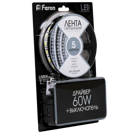лента светодиодная LED FERON 60SMD(5050)/m 6500К 3м 14.4Вт IP20 12В c драйвером LS606