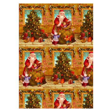 бумага упаковочная Дед Мороз и зайчики в рулоне 100х70см коричневый/красный