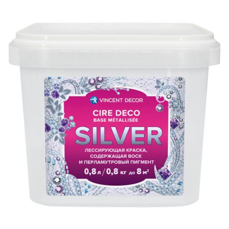 краска декоративная VINCENT Dеcor Cire deco base Metallisee Silver лессирущая 0,8л серебряная