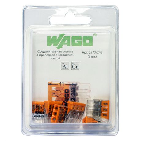 соединительная клемма WAGO 3-х проводная 0,5-2,5 мм кв с/пастой 6шт