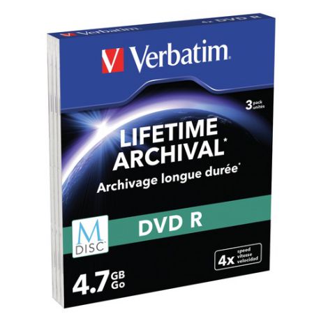 Оптический диск DVD-R VERBATIM 4.7Гб 4x, 3шт., M-DISC, slim case, printable [43826]
