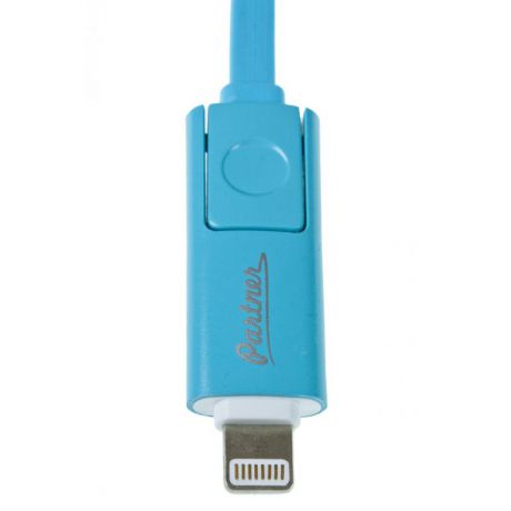 Кабель Partner USB 2.0 - microUSB/Apple 8pin, 2-в-1, 1м, 2.1A, плоский, голубой