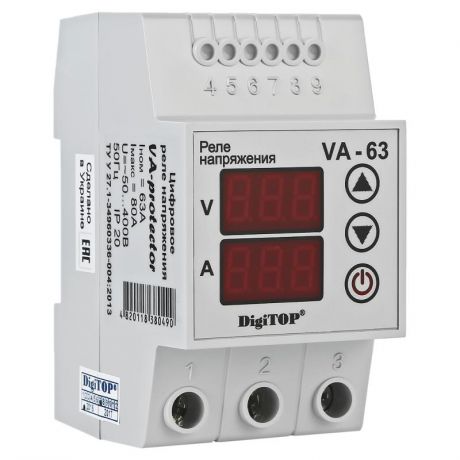 Реле напряжения с контролем тока DigiTOP VА-63(А), 13.9 Квт, на DIN