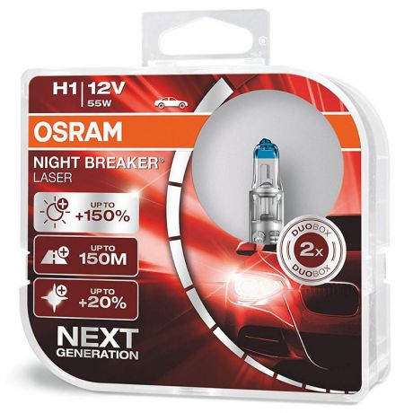 Лампа галогенная Osram H1 12V- 55W (P14,5s) (+150% света) Night Breaker Laser (2шт.) DuoBox