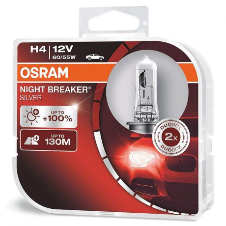 Лампа галогенная Osram H4 12V- 60/55W (P43t) (+100% света+серебр.диз.) Night Breake Silver (2шт) DuoBox