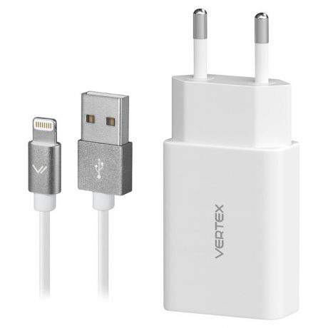 Сетевое зарядное устройство Vertex MFITC2400WH, 2.4А, 1 USB, с кабелем Lightning MFI, 1 м, белый