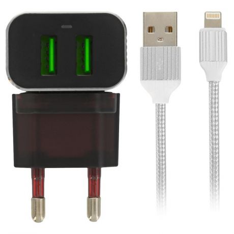 Сетевое зарядное устройство LDNIO A2206, 2.4А, 2 USB, с кабелем Lightning, 1 м, поддержка Qualcomm Quick Charge 3.0, черный