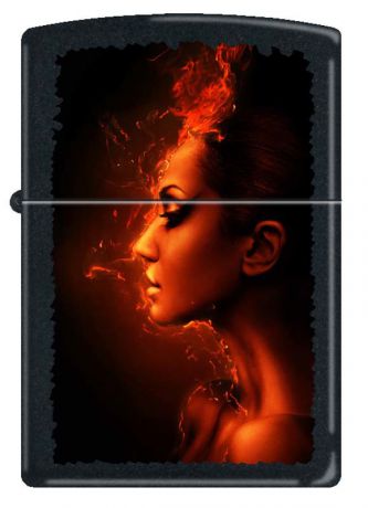 Зажигалка ZIPPO Девушка-огонь, латунь с покрытием Black Matte, чёрная, матовая, 36x12x56 мм