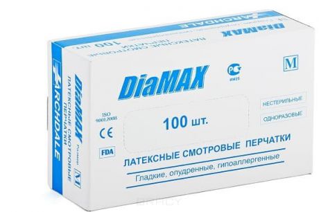 Перчатки латексные гладкие опудренные DiaMax, 100 шт (3 размера)