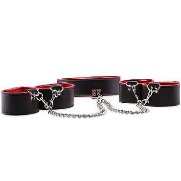 Ouch! Reversible Collar With Wrist & Ankle Cuffs, черно-красная Система креплений с ошейником, наручниками и наножниками