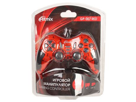Геймпад RITMIX GP-007 Red для ПК, USB, 2 вибромотора, 19 кнопок, кабель 1,5м