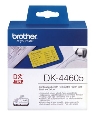 Лента Brother DK-44605 жёлтая неразрезанная отделяемая бумажная для наклеек