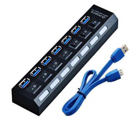 Концентратор USB 3.0 Orient BC-317 черный HUB 7 портов, c БП-зарядником USB (5В, 3А), выключатели на каждый порт