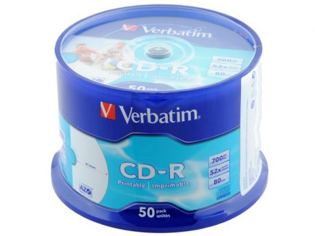 Диски CD-R Verbatim 700Mb 52x CakeBox 50шт Printable 43309
