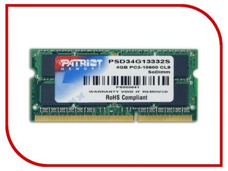 Модуль памяти Patriot Memory DDR3 SO-DIMM 1333Mhz PC3-10600 CL11 - 4Gb PSD34G13332S