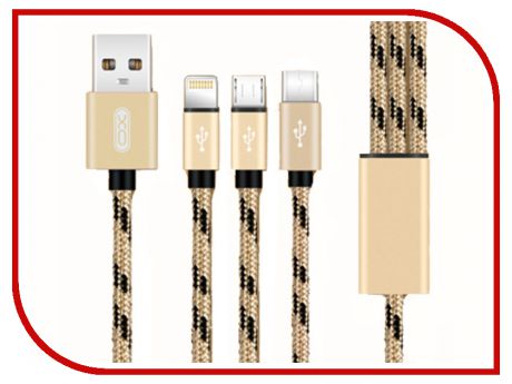 Аксессуар XO 3в1 USB - Lightning/MicroUSB/Type-C Gold NB10