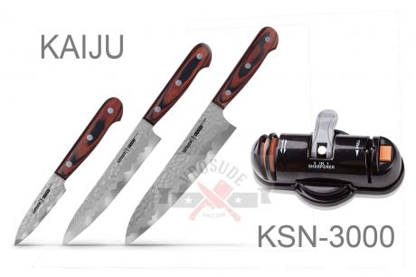 Набор из 3-х кухонных ножей Samura KAIJU и точилки Nakatomi KSN-3000