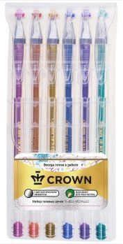 Ручка, гелевая, Crown/Кроун, 6 цветов, металлик, в блистере