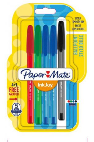 Ручка шариковая Paper Mate/Пэйпер Мэйт Ink Joy масляные чернила, 1мм. 5шт., 4цв., с колпачком, в блистере