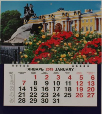 Календарь малый на 2019г.СПб Медный всадник цветы 23*26см на спирали