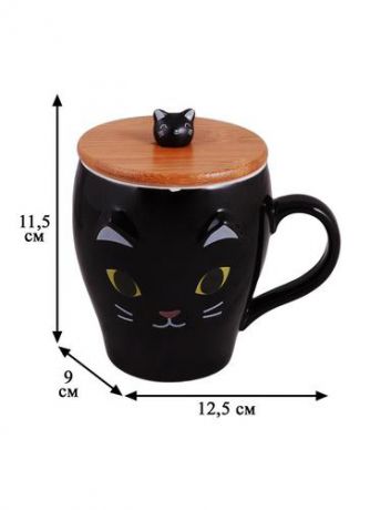 Кружка с крышкой и ложкой Мордочка кота (керамика) (350 мл) (12-06604-MQY-1013)