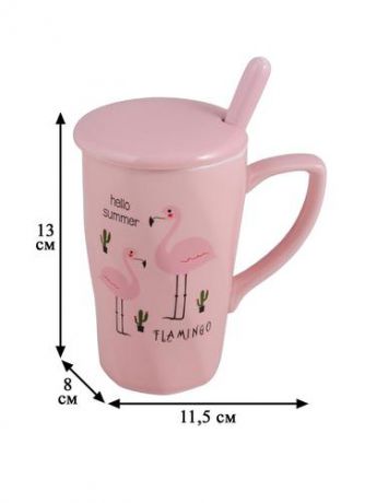 Кружка с крышкой и ложкой Фламинго и кактусы (розовая) (керамика) (400 мл) (12-07057-XB318-7)