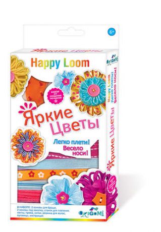 Happy Loom. Яркие цветы. Набор в коробке: основы для броши и заколки, ленты, пряжа, пуговицы, стан