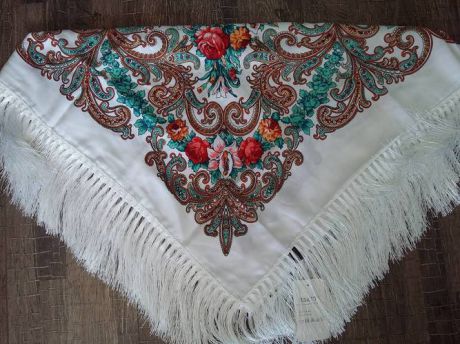 Сувенир, ДЫМУРА Платок с цветами 1,2 м., белый, текстиль ПБ1,2