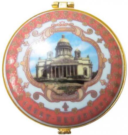 Сувенир, АКМ, Шкатулка, фарфоровая круглая, "Исаакиевский собор", d=6см, цвет красный