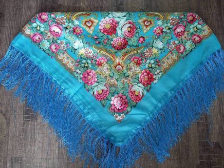 Сувенир, ДЫМУРА Платок с цветами 1,2 м., голубой, текстиль ПГ1,2