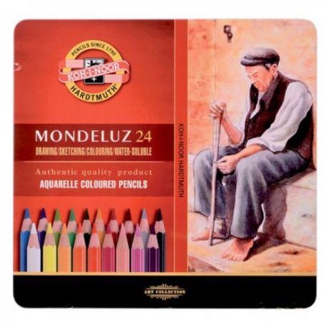 Карандаши, цветные, акварельные, для художников, Koh-I-Noor/Кохинор, Mondeluz", 24 цвета, , в жестяной коробке"