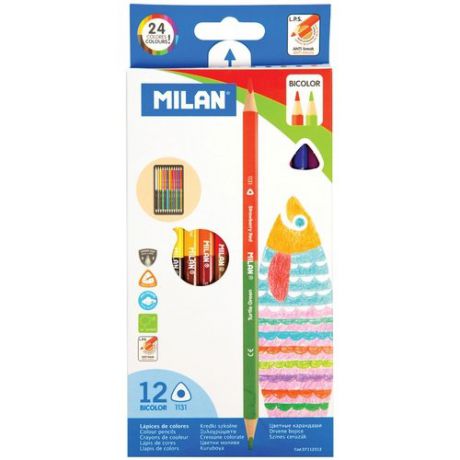 Карандаши цветные, двусторонние Milan/Милан 1131, 24цв., 12шт., трехгран., заточен., картон, европодвес