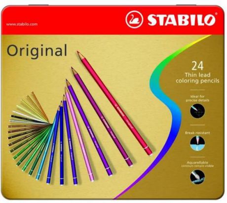 Цветные карандаши, 24цвета, Stabilo/Стабило Original в металлическом футляре