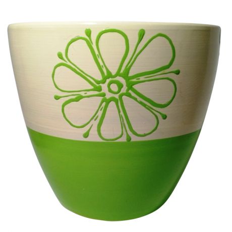 горшок керамический с поддоном Цветок 2,4л бежево-зеленый