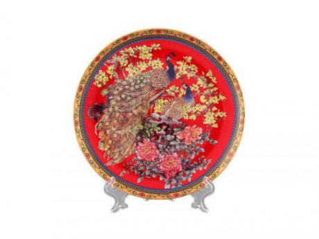 Тарелка декоративная Elan gallery, Павлин на красном, 18 см, на подставке