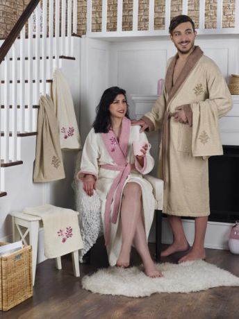 Набор халатов семейный, KARNA, ADRA, с полотенцами, бежевый-кремовый