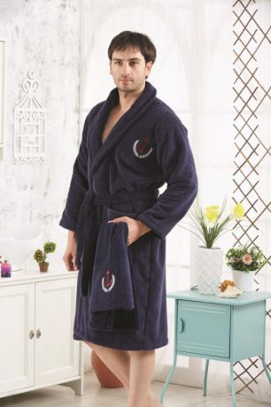 Мужской халат KARNA, MARINE, XL, с полотенцем, синий