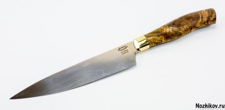 Нож кухонный Шеф-1 Х12МФ, карельская береза, латунь