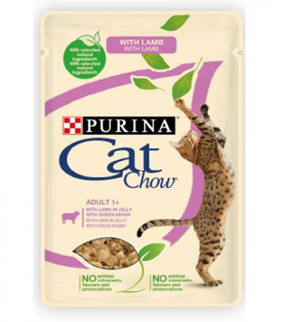 Влажный корм Cat Chow Adult ягненок + зеленая фасоль в желе для кошек, 85г.