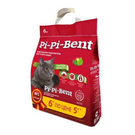 Минеральный комкующийся наполнитель Pi-Pi-Bent "Сенсация свежести" для кошек 5кг+1кг.
