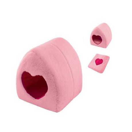 Домик ZooM "GROT" с подушкой, розовый мех+малиновый велюр, 36*34*30см
