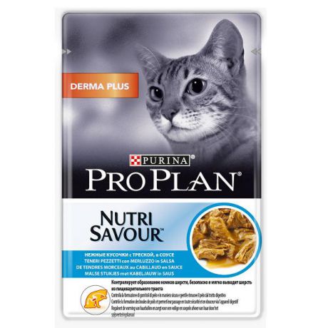 Влажный корм Pro Plan Nutri Savour Derma Plus в соусе для кошек для выведение комочков шерсти, 85г