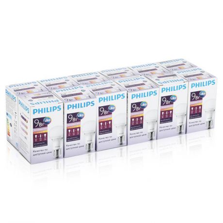 Упаковка светодиодных ламп PHILIPS 12 штук ESS LEDBulb 9-65W E27 3000K матов