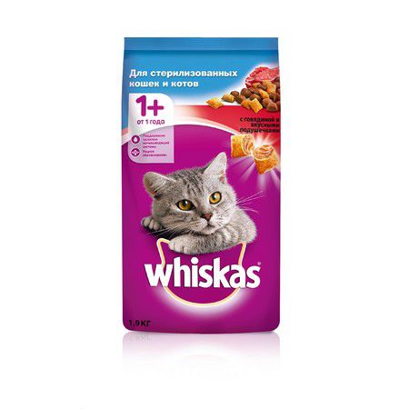 Whiskas Whiskas сухой корм с говядиной для стерилизованных кошек и котов старше 1 года - 1,9 кг