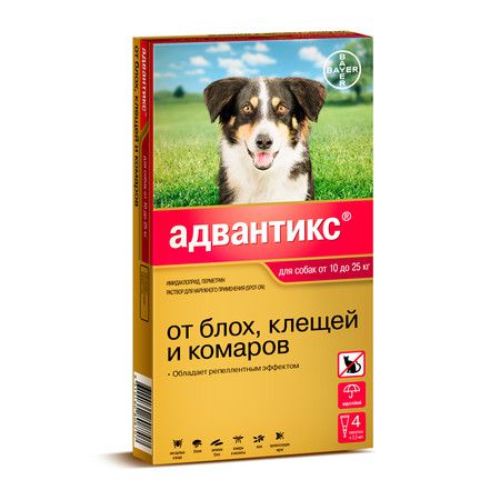 Bayer Капли Адвантикс от блох, клещей и комаров для собак весом от 10 до 25 кг - 4 пипетки
