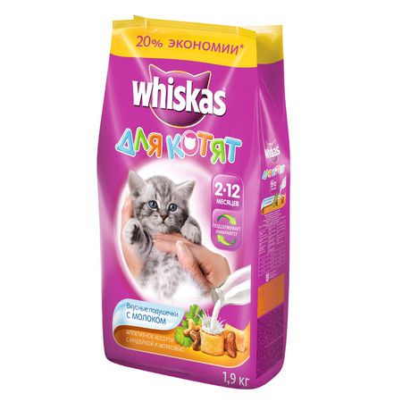 Whiskas Whiskas сухой корм в форме вкусных подушечек с молоком, индейкой и морковью для котят от 2 до 12 месяцев - 1,9 кг