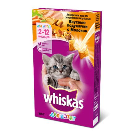 Whiskas Whiskas сухой корм в форме вкусных подушечек с молоком, индейкой и морковью для котят от 2 до 12 месяцев - 350 г